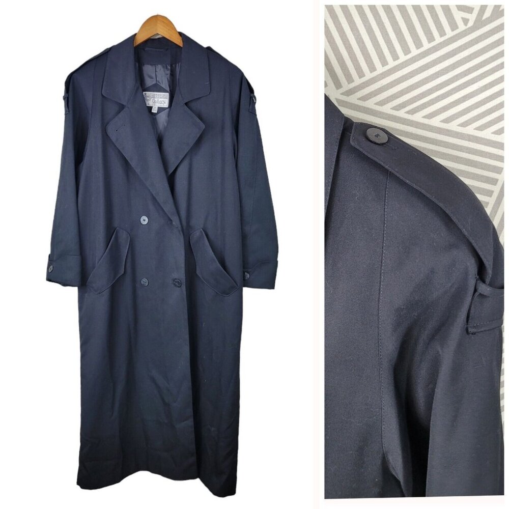 Vintage Trench Coat size 12 Peacoat Raincoat Spring Black Detective Long Duster